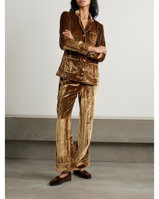 Olivia Von Halle Natural Coco Piped Crushed Velvet Pajama Set