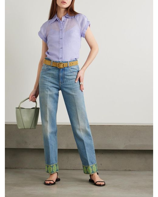 Zimmermann Purple Crush Pussy-Bow Crystal-Embellished Linen And Silk-Blend Organza Shirt