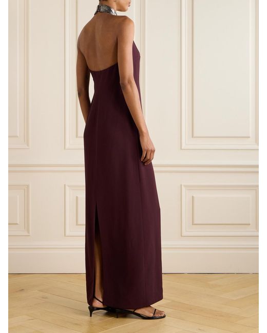 Brunello Cucinelli Purple Bead-Embellished Crepe Halterneck Maxi Dress