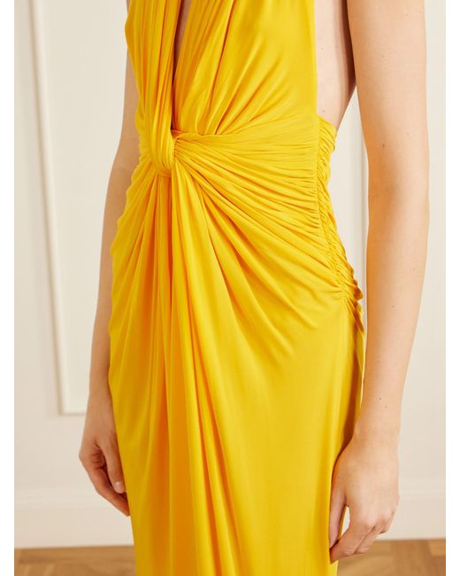 Alex Perry Yellow Halterneck Ruched Jersey Gown
