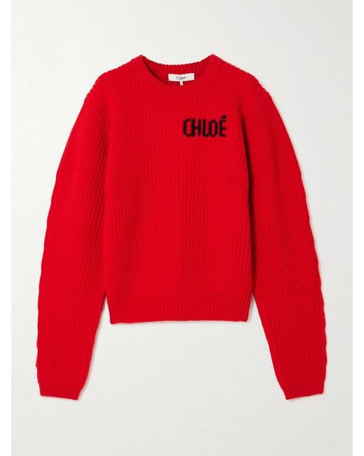 Chloé Red Logo-Detailed Ribbed Wool And Cashmere-Blend Sweater