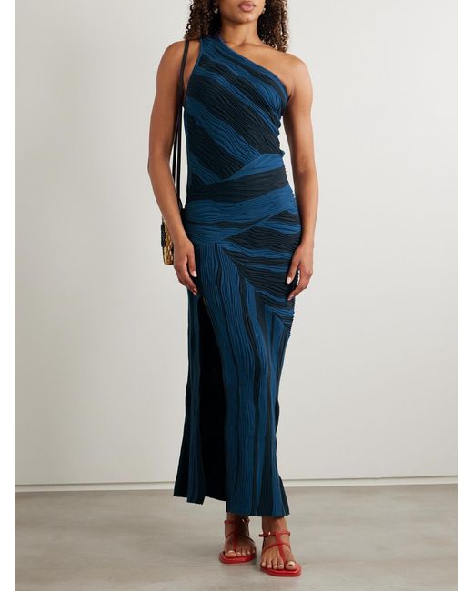 Donde Esteban Blue Magdalena One-Shoulder Ribbed Cotton Maxi Dress
