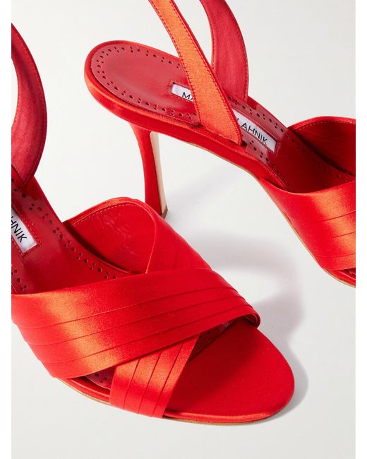 Manolo Blahnik Red Vierasan 90 Pintucked Satin Slingback Sandals
