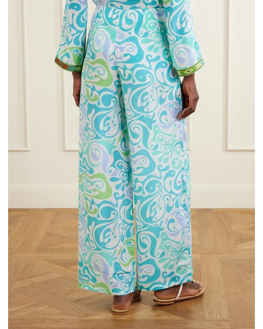 Emporio Sirenuse Blue Stephan Printed Silk Wide-Leg Pants