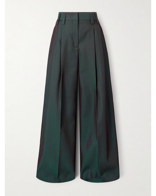 Jil Sander Green Pleated Iridescent Wool-Blend Gabardine Wide-Leg Pants
