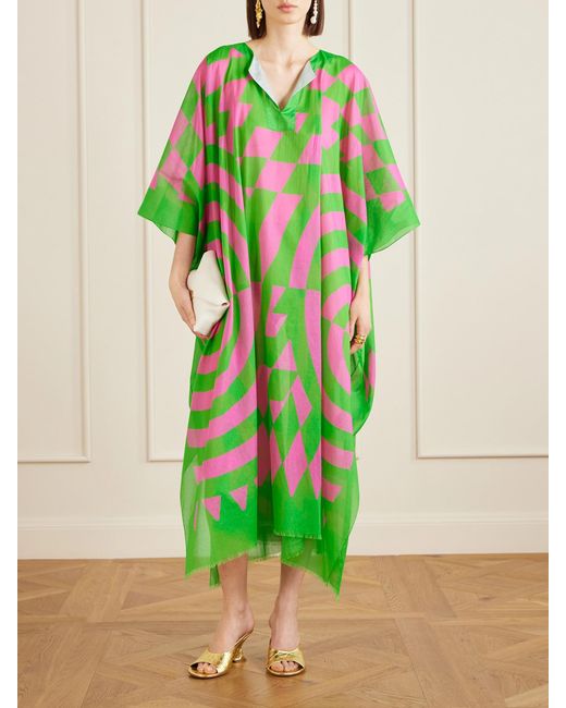 Dries Van Noten Green Frayed Printed Cotton-Voile Kaftan