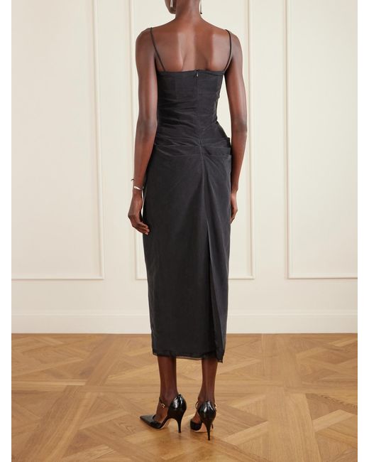 Magda Butrym Blue Draped Lace-Trimmed Silk-Satin Midi Dress