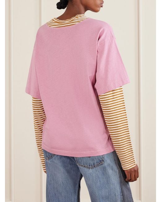 Marni Pink Appliquéd Striped Linen And Cotton-Blend T-Shirt