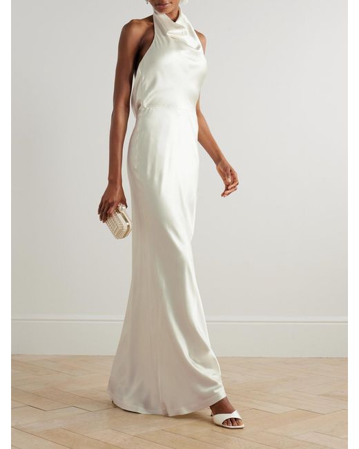 Rebecca Vallance White Attia Draped Silk-Satin Halterneck Gown