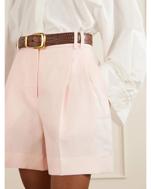 Another Tomorrow Pink Pleated Linen Shorts