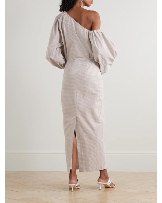 BERNADETTE White Cara Schulterfreies Midikleid Aus Gestreiftem Baumwoll-Seersucker Mit Raffungen