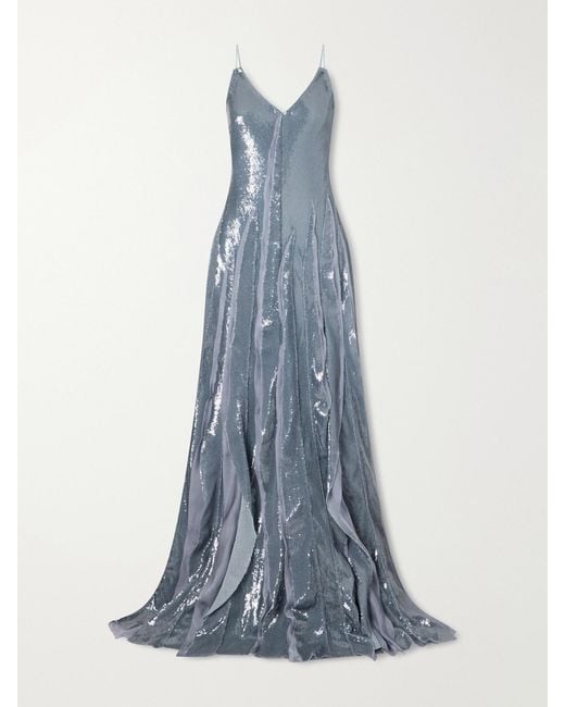Marmar Halim Blue Pleated Sequined Chiffon Gown