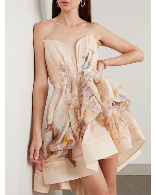 Zimmermann Illuminate Draped Floral-Print Linen And Silk-Blend Mini Dress  in Natural | Lyst
