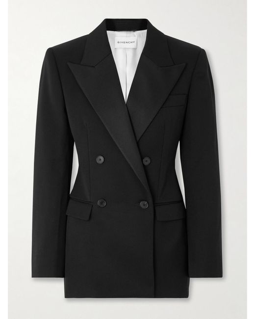 Givenchy Black Double-Breasted Faille-Trimmed Grain De Poudre Wool Blazer