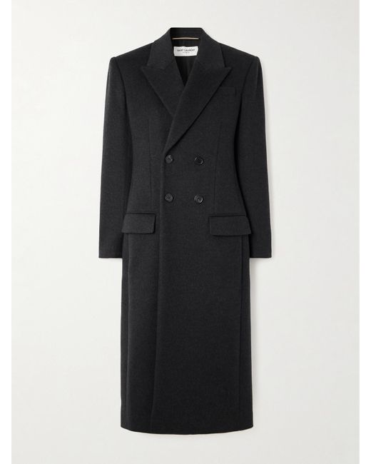 Saint Laurent Black Double-Breasted Brushed Wool And Cashmere-Blend Coat