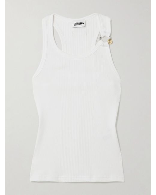 Jean Paul Gaultier White Tanktop Aus Geripptem Baumwoll-Jersey Mit Verzierung