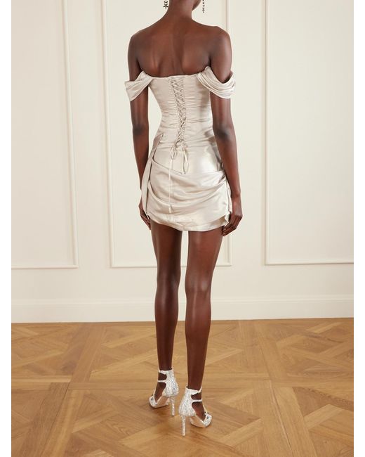 Clio Peppiatt White Paloma Convertible Draped Embellished Satin Mini Dress