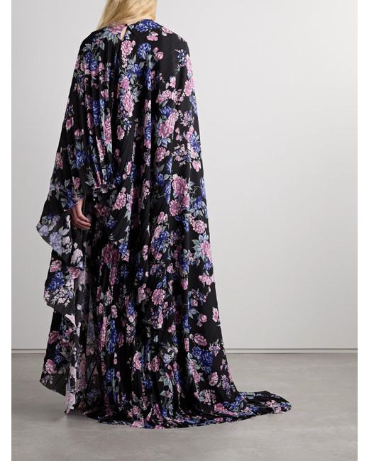 Balenciaga Blue Cape-Effect Floral-Print Plissé-Crepe Gown