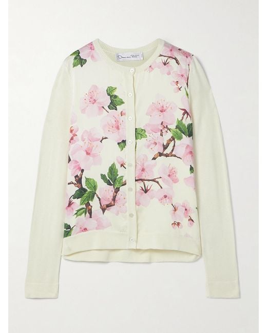 Oscar de la Renta Natural Paneled Knitted And Floral-Print Silk-Blend Twill Cardigan