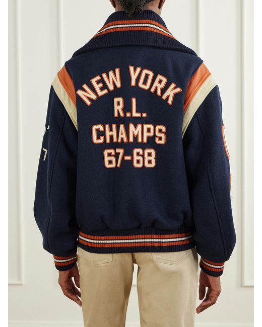 Polo Ralph Lauren Blue Embroidered Appliquéd Leather-Trimmed Wool-Blend Twill Jacket