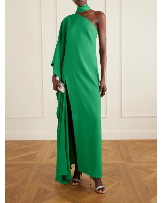 Taller Marmo Green Paloma One-Shoulder Scarf-Detailed Crepe-Cady Gown