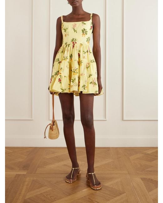 Agua Bendita Yellow Granadilla Tiered Floral-Print Cotton-Poplin Mini Dress
