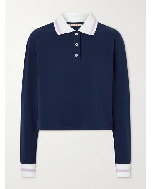Marni Blue Striped Embroidered Cotton-Piqué Polo Shirt