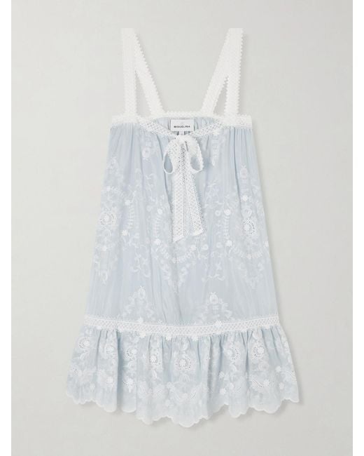 Miguelina White Havana Bow-Detailed Embroidered Silk-Blend Voile Mini Dress