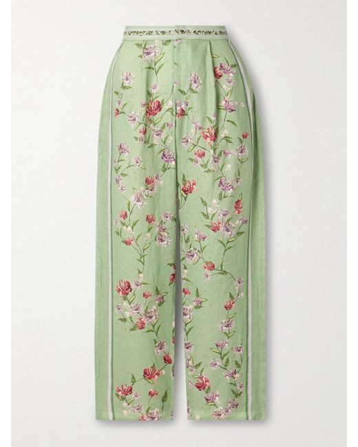Agua Bendita Green Florecer Honeysuckle Pleated Embroidered Floral-Print Linen Tapered Pants