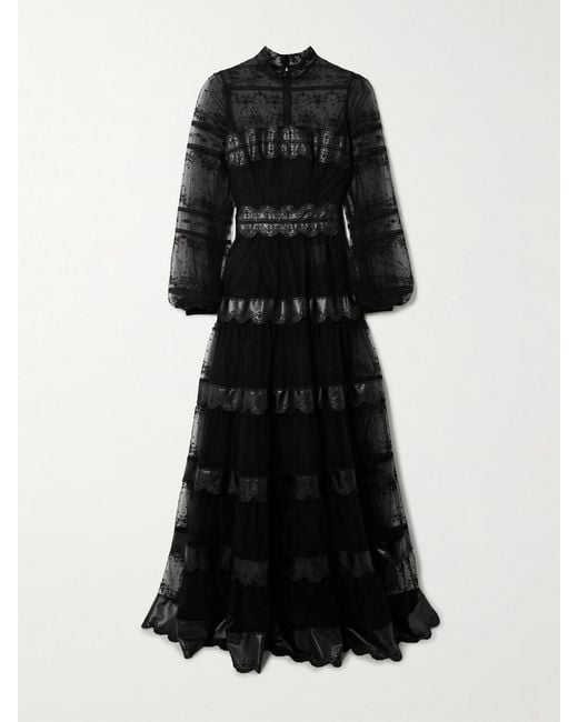 Costarellos Black Jacey Embroidered Tulle Gown