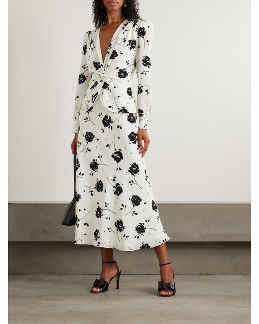 Alessandra Rich White Embellished Pleated Floral-Print Silk Crepe De Chine Midi Dress