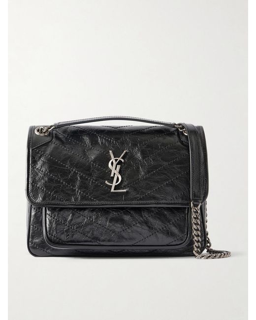 Saint Laurent Black Niki Medium Crinkled Glossed-Leather Shoulder Bag