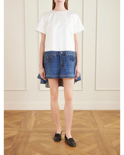 Sacai Blue Cape-Effect Pleated Cotton And Silk-Blend Jersey And Denim Mini Dress