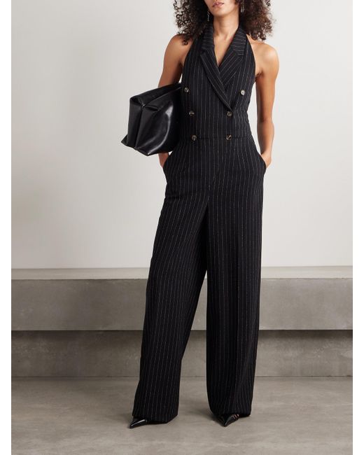 Sergio Hudson Black Double-Breasted Pinstriped Twill Jumpsuit