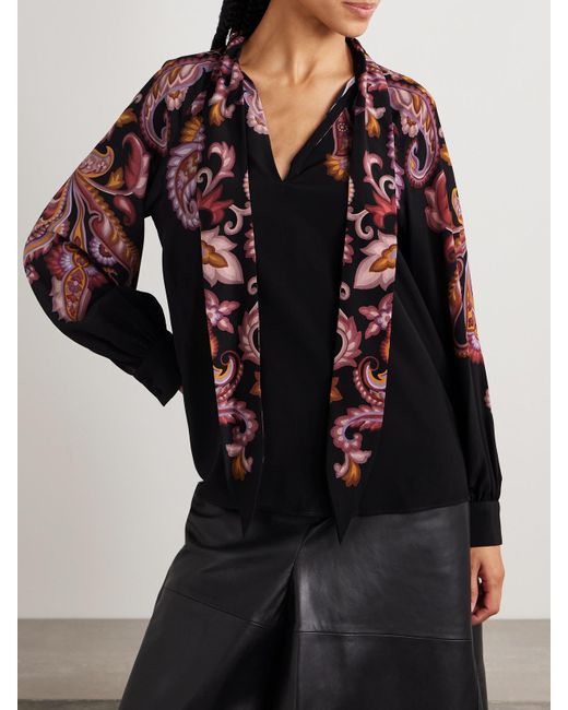 Etro Red Pussy-Bow Paisley-Print Silk Blouse