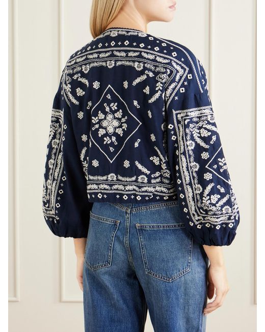 Veronica Beard Blue Drake Cropped Embroidered Cotton-Blend Poplin Jacket