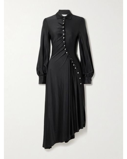 Rabanne Black Embellished Gathered Satin-Jersey Midi Shirt Dress