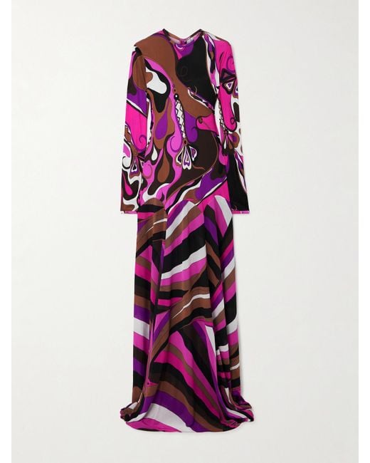 Emilio Pucci Purple Pleated Paneled Printed Satin-Jersey And Stretch-Mesh Maxi Dress