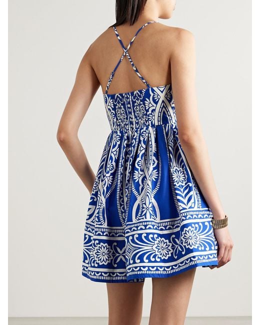 Cara Cara Blue Leo Pleated Printed Cotton-Poplin Mini Dress