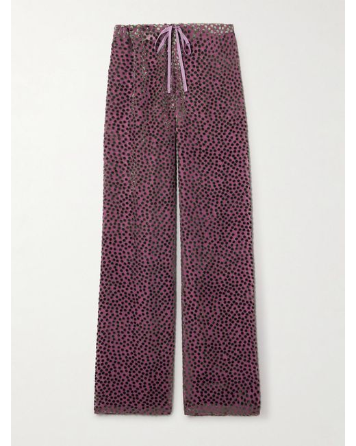 Dries Van Noten Purple Polka-Dot Devoré-Velvet Straight-Leg Pants