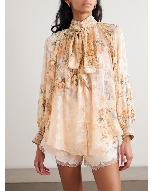Camilla Natural Crystal-Embellished Pussy-Bow Floral-Print Silk-Blend Jacquard Blouse