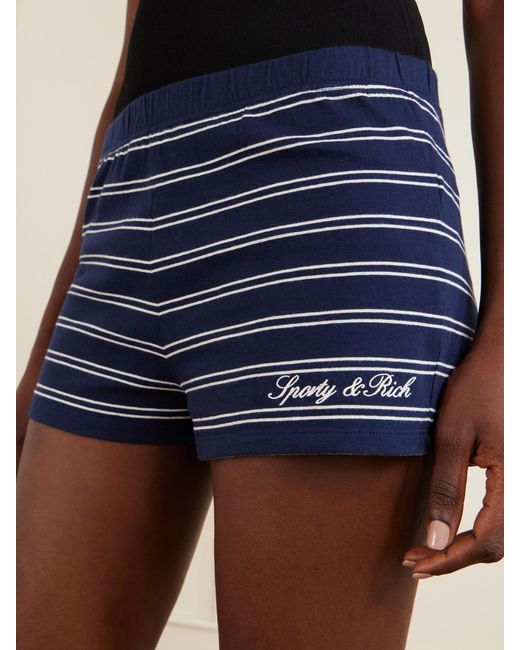 Sporty & Rich Blue Logo-Embroidered Striped Cotton-Jersey Shorts