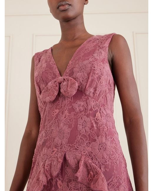 Anna Sui Purple Bow-Detail Lace-Embroidered Midi Dress