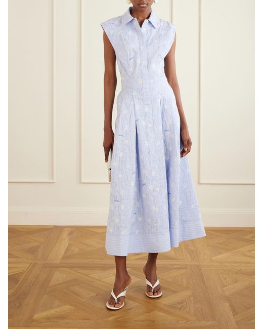 Jonathan Simkhai Blue Neri Embroidered Striped Cotton-Poplin Midi Dress