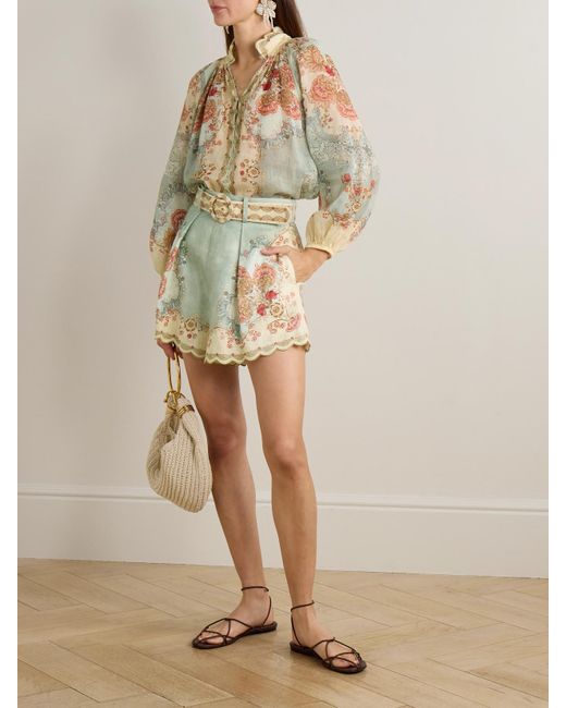 Zimmermann Blue Daylight Shorts Aus Bedrucktem Leinen Mit Bundfalten, Wellenkanten Und Gürtel
