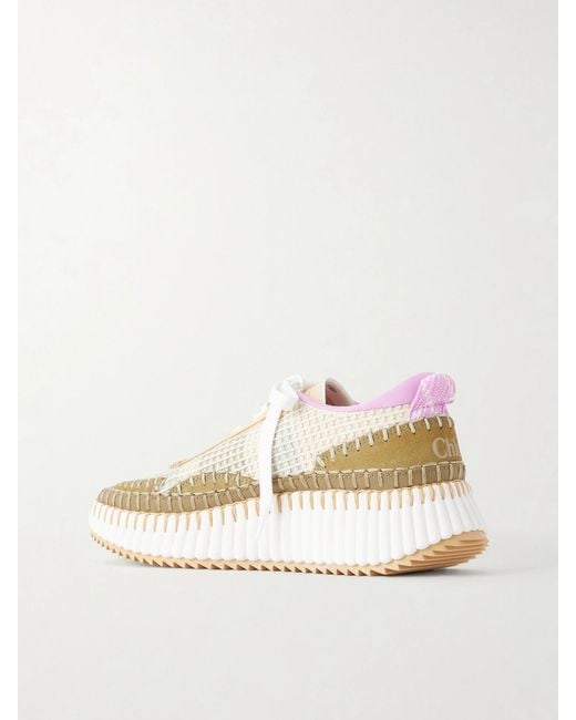 Chloé Natural Nama Embroidered Suede And Recycled-Mesh Sneakers