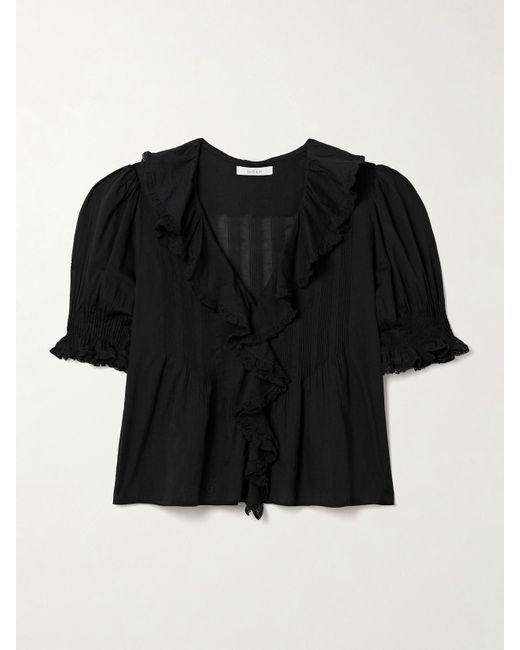 Doen Black Henri Ruffled Pintucked Organic Cotton-Voile Top