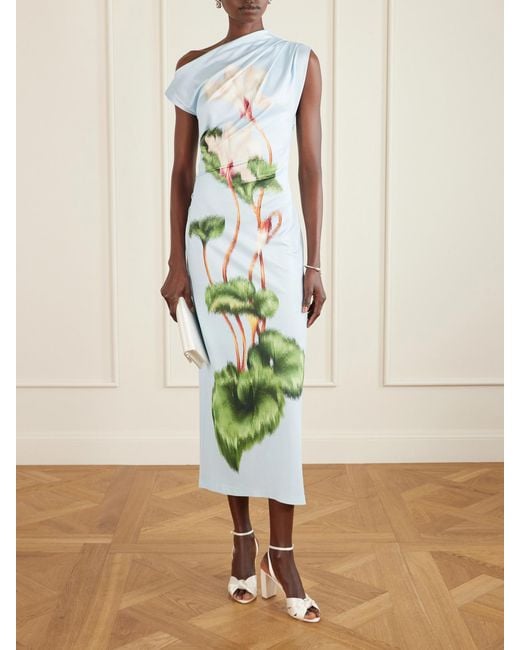 Oscar de la Renta Green Draped Printed Stretch-Jersey Midi Dress
