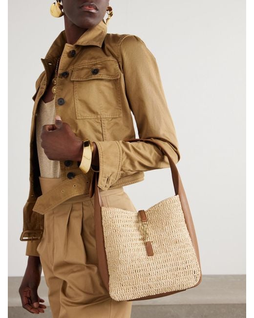 Saint Laurent Natural Le 5 À 7 Supple Small Leather-Trimmed Raffia Shoulder Bag