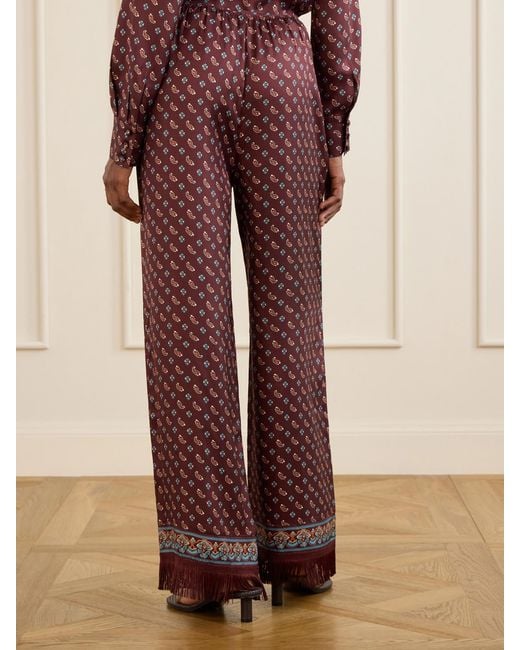 Doen Red Lavon Fringed Printed Silk-Blend Satin Wide-Leg Pants